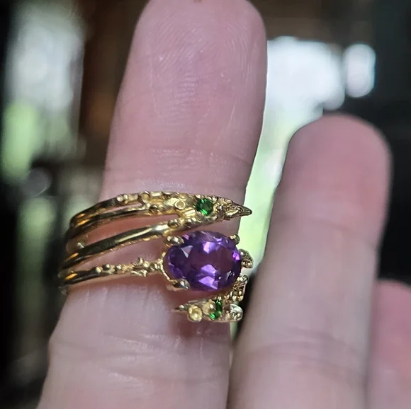 Amethyst cushion cut 5k & chrome diopside sterling & gold ring sz6.5 - Picture 3 of 8